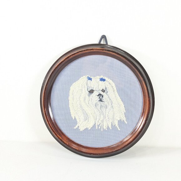 Finished and framed needlepoint / cross stitch art Maltese dog portrait - Picture 2 of 6